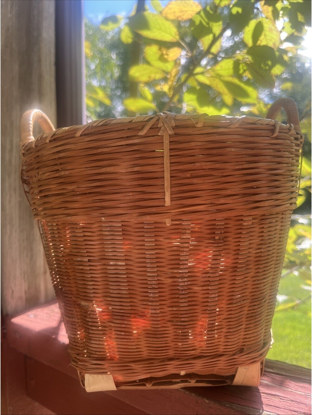 Vintage Woven Wicker Gathering Basket with Side Handles Rustic Farmhouse Decor